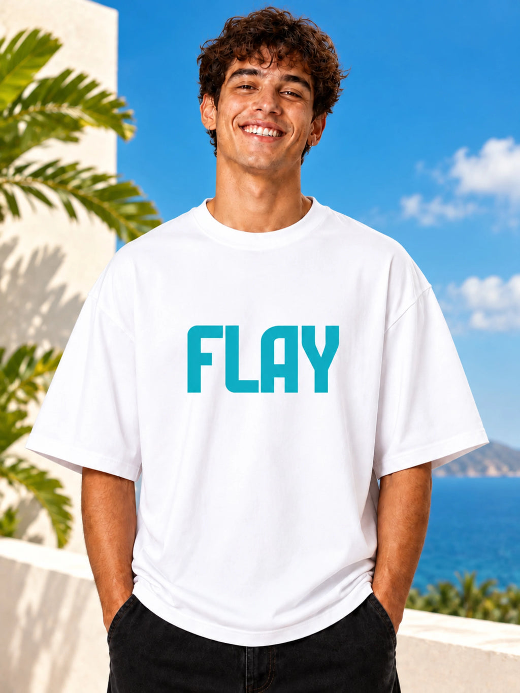 FLAY Men's Premium Oversized Graphic T-Shirt – 100% Rich Cotton, 240 GSM Heavyweight White Tee with Bird Back Print | White
