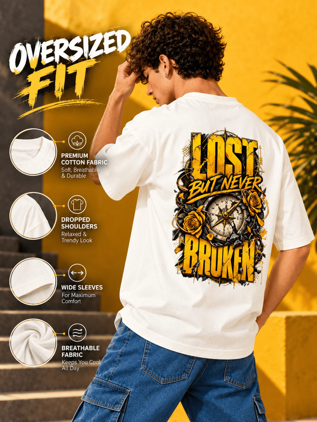 Excello Men's 'Lost But Never Broken' Compass Graphic Oversized T-Shirt | Off White