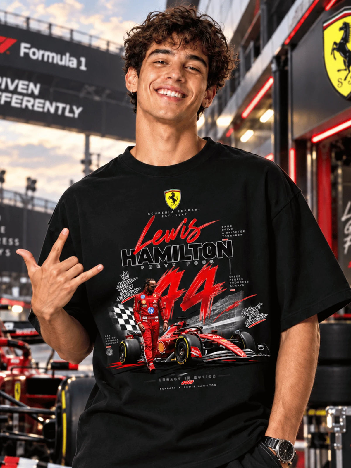 Excello Men's Lewis Hamilton 44 Scuderia Ferrari Graphic Oversized T-Shirt | Black