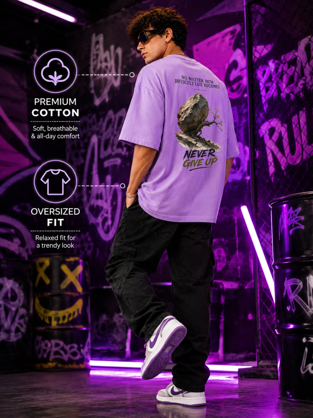 Excello Men's 'Never Give Up' Resilience Graphic Oversized T-Shirt | Lavender