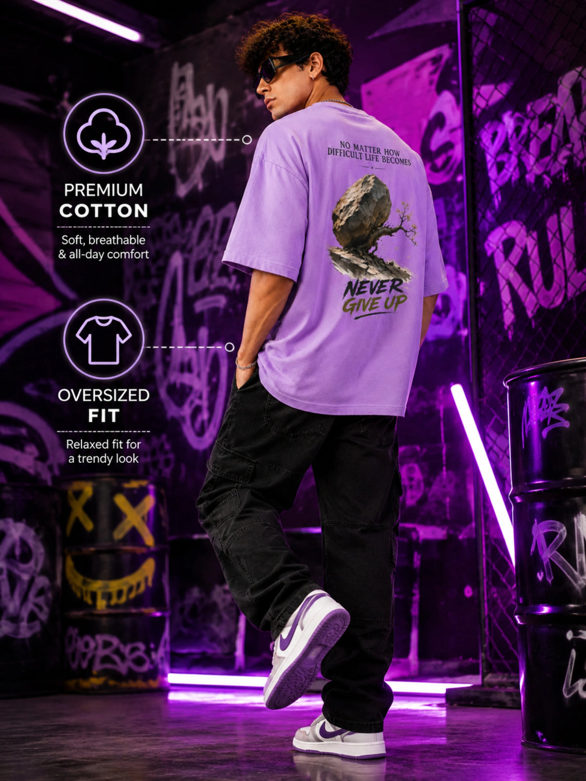 Excello Men's 'Never Give Up' Resilience Graphic Oversized T-Shirt | Lavender