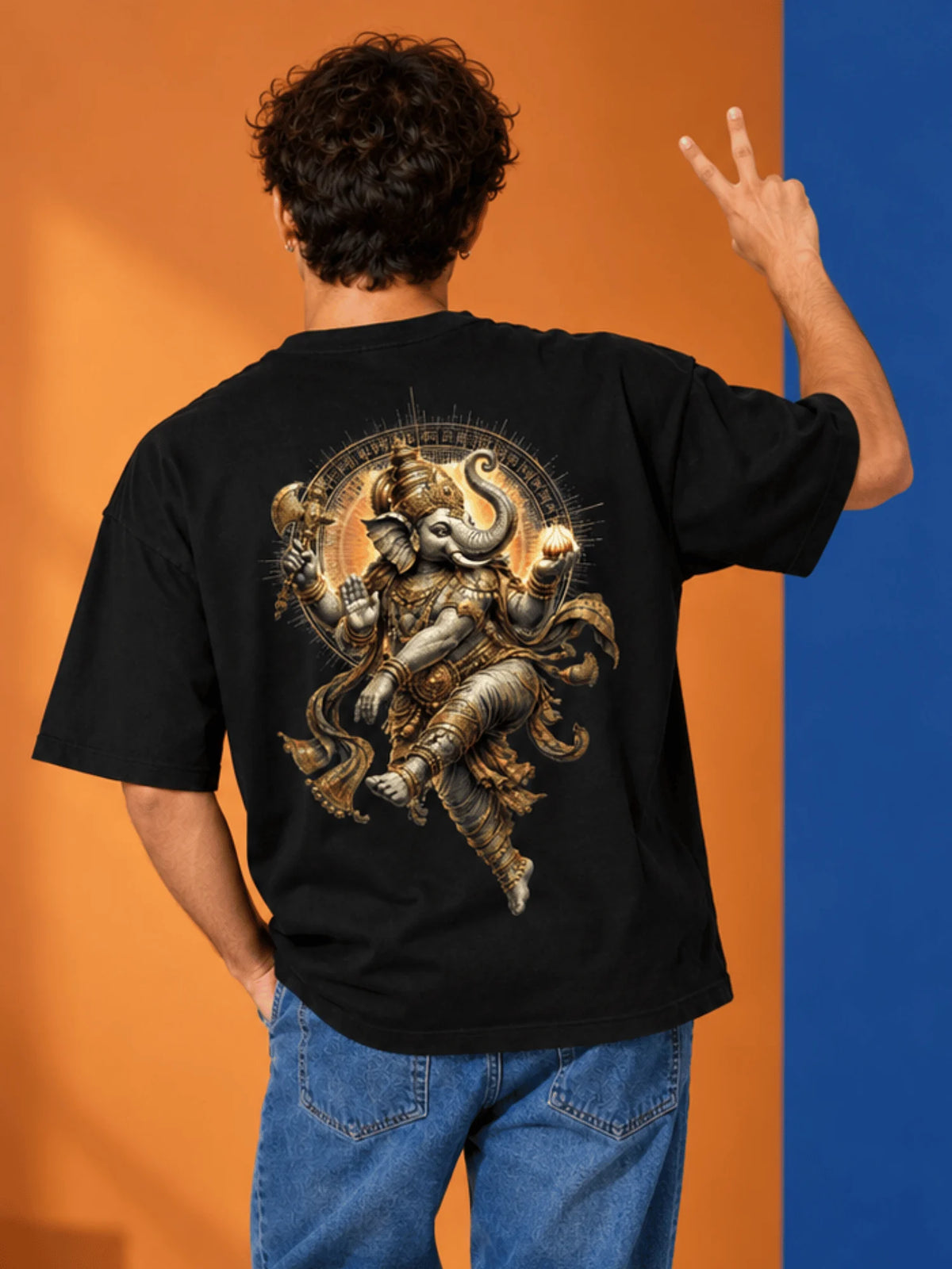 Excello Men's Dynamic Dancing Ganesha Graphic Oversized T-Shirt - 240 GSM Pure Cotton, Bio-Washed | Black