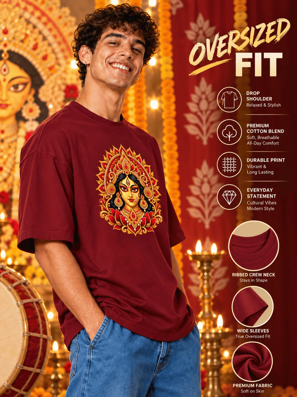 Excello Men's Divine Maa Durga Portrait Graphic Oversized T-Shirt | Maroon