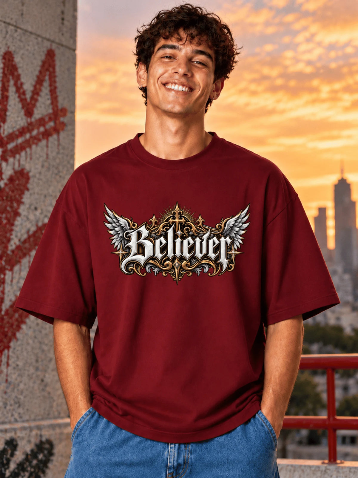 Excello Men's 'Believer' Cross & Wings Graphic Oversized T-Shirt | Maroon