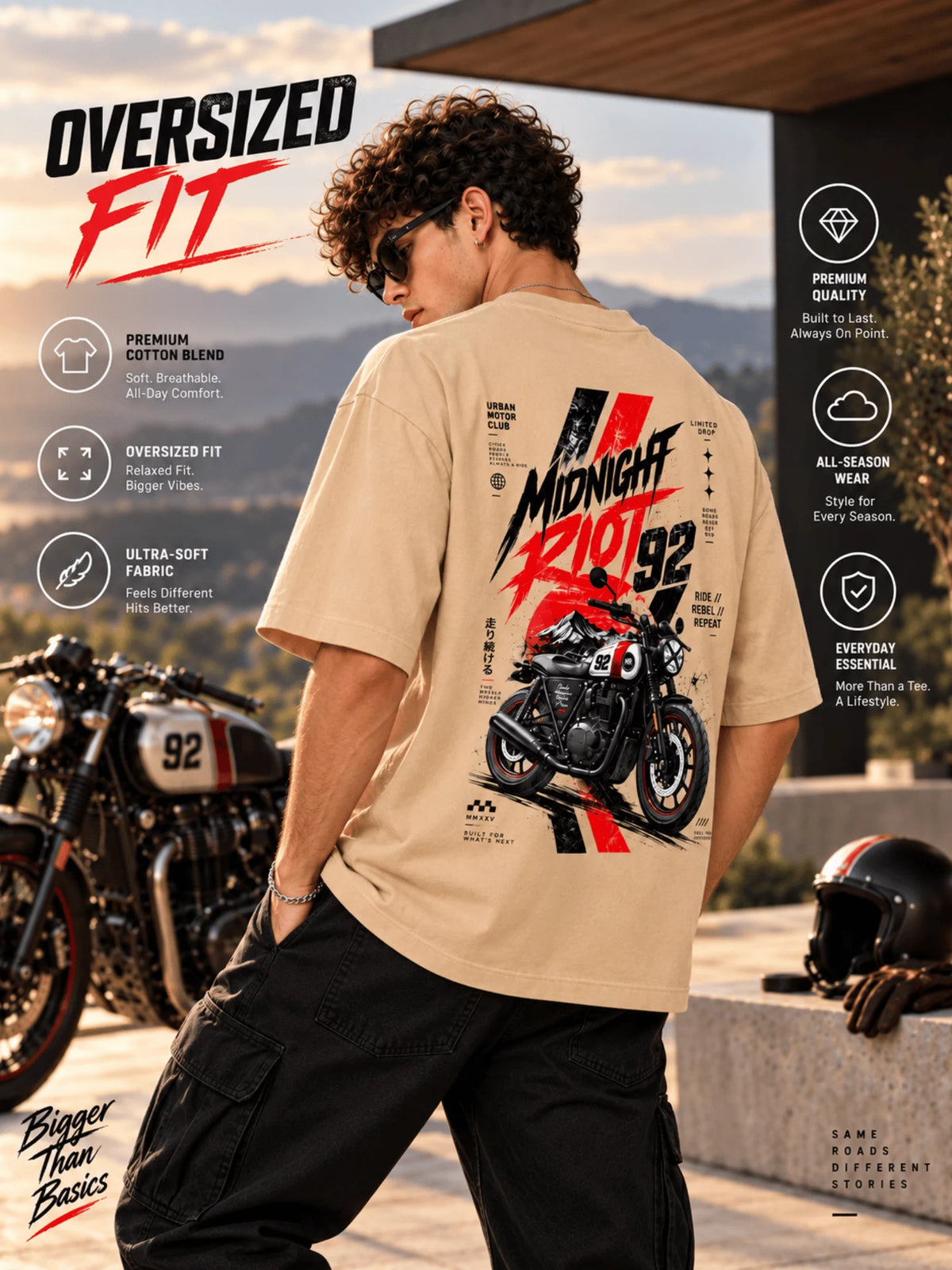 Excello Men's 'Midnight Riot 92' Motorcycle Graphic Oversized T-Shirt | Beige