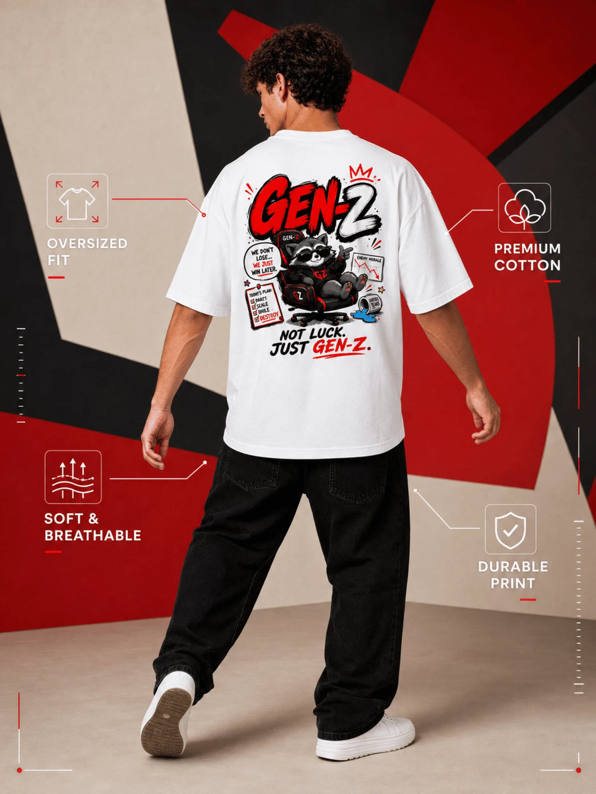 Excello Men's 'Gen-Z Raccoon' Gamer Graphic Oversized T-Shirt | White