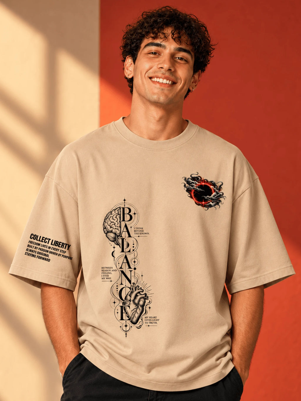 Excello Men's 'Balance' Brain & Heart Graphic Oversized T-Shirt | Beige