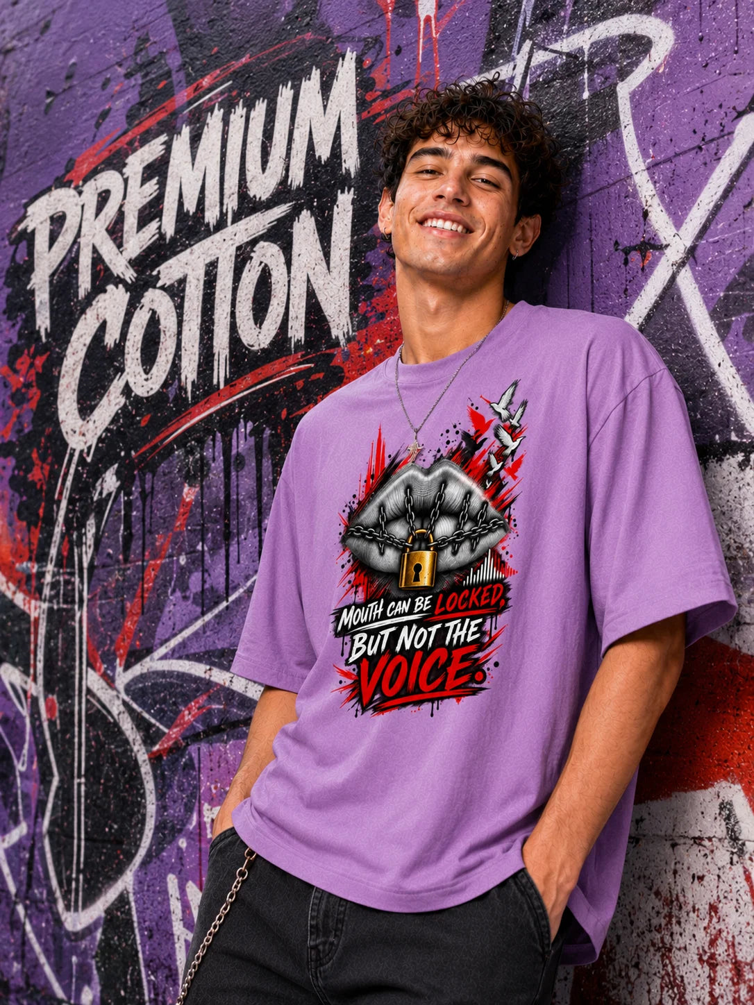 Excello Men's 'Unstoppable Voice' Typography Graphic Oversized T-Shirt | Lavender