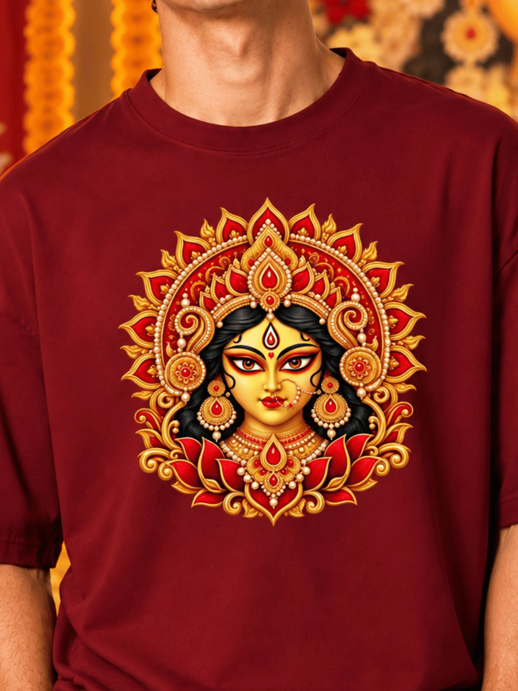 Excello Men's Divine Maa Durga Portrait Graphic Oversized T-Shirt | Maroon