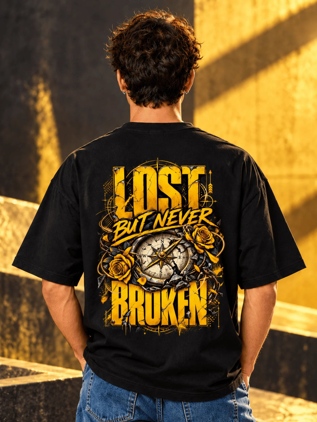 Excello Men's 'Lost But Never Broken' Compass Graphic Oversized T-Shirt | Black
