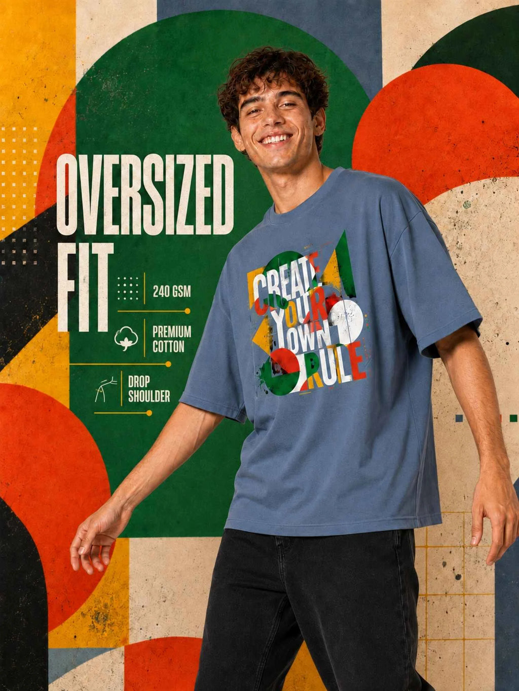 Excello Men's 'Create Your Own Rule' Abstract Graphic Oversized T-Shirt | Steel Blue