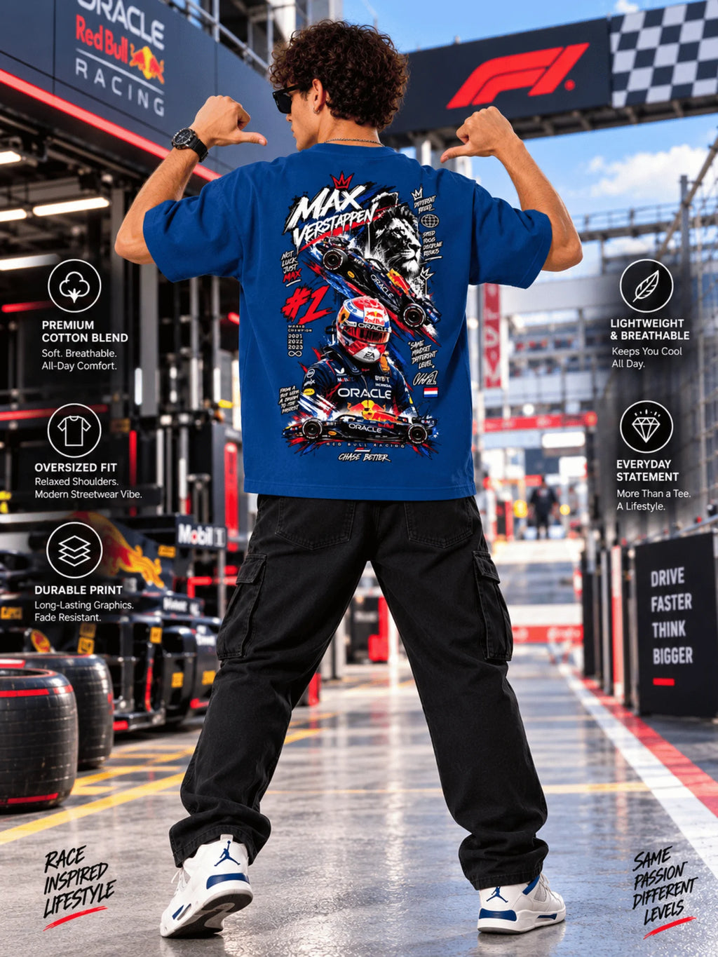 Excello Men's Max Verstappen Racing Graphic Oversized T-Shirt | Air Force Blue