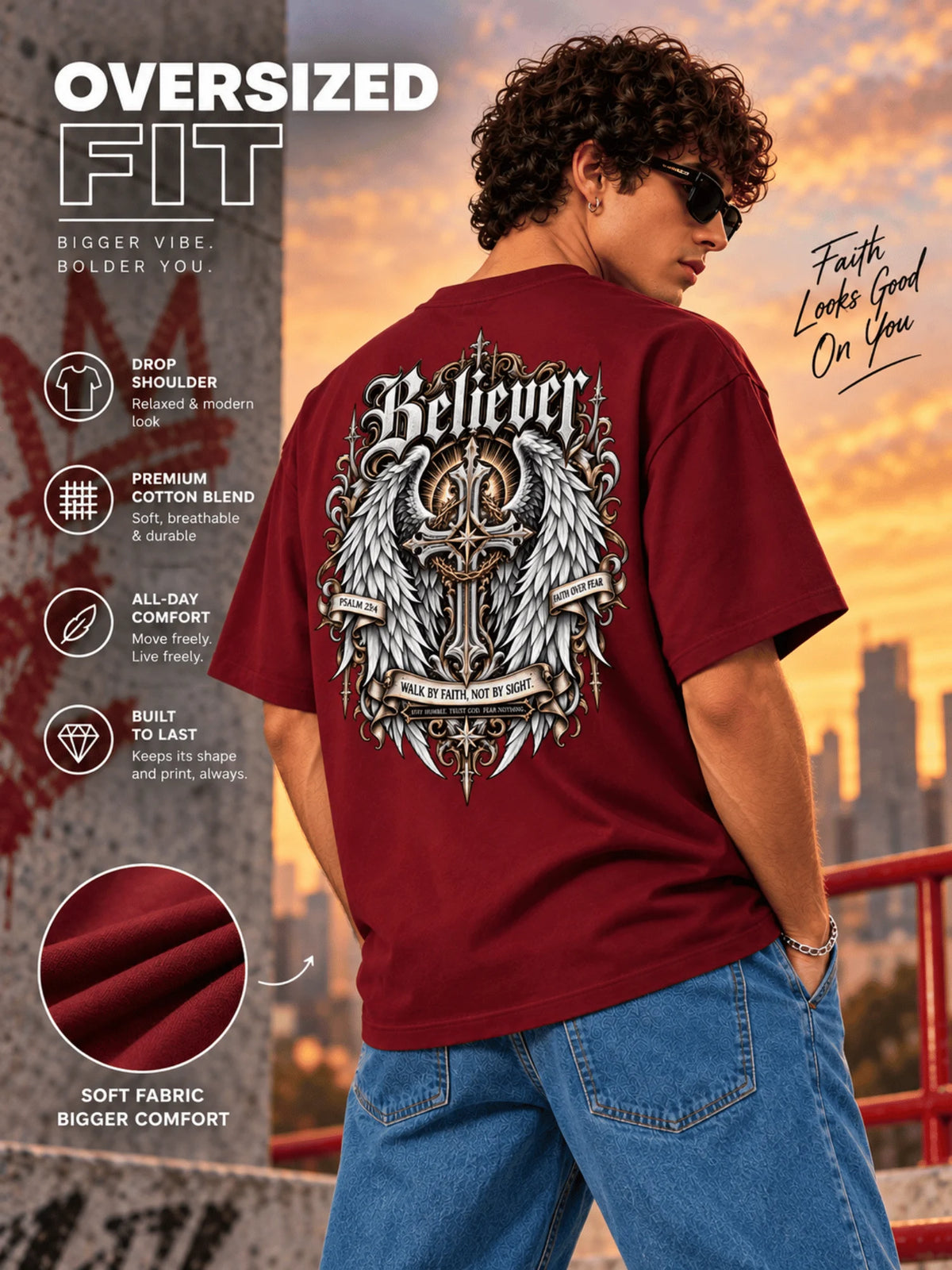 Excello Men's 'Believer' Cross & Wings Graphic Oversized T-Shirt | Maroon