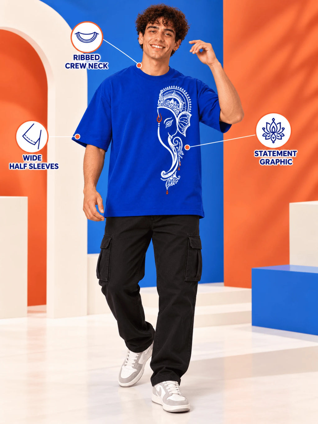 Excello Men's Minimalist Ganesha Line Art Graphic Oversized T-Shirt - 240 GSM Pure Cotton, Bio-Washed-Airforce Blue