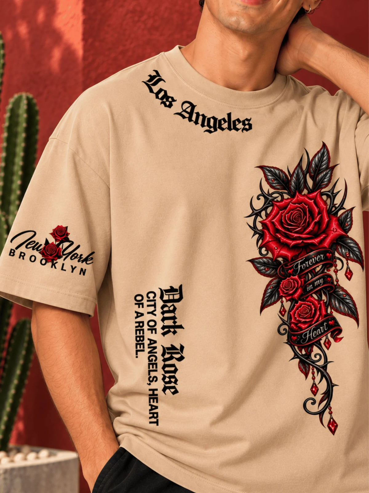 Excello Men's 'Dark Rose' Rebel Graphic Oversized T-Shirt | Beige