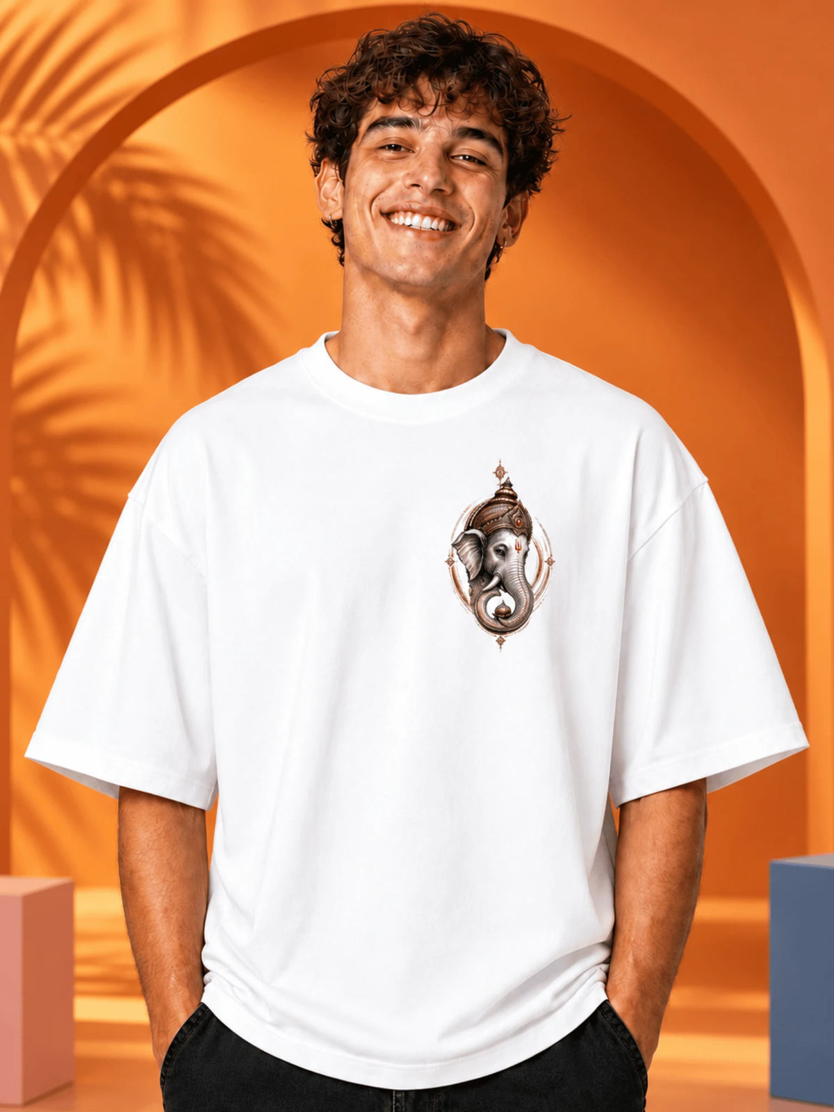 Excello Men's Majestic Elephant & Ganesha Graphic Oversized T-Shirt - 240 GSM Pure Cotton, Bio-Washed | White