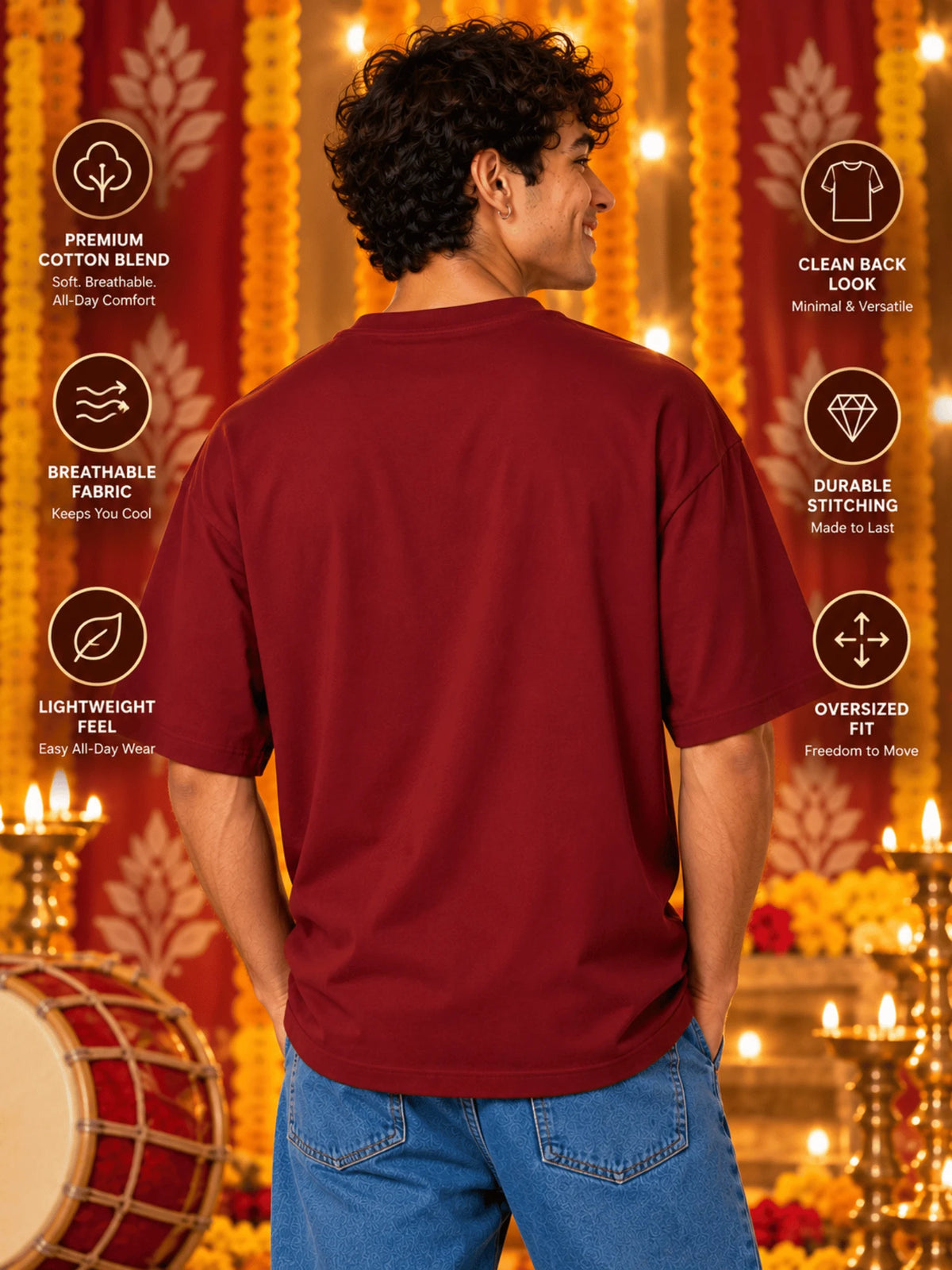 Excello Men's Divine Maa Durga Portrait Graphic Oversized T-Shirt | Maroon