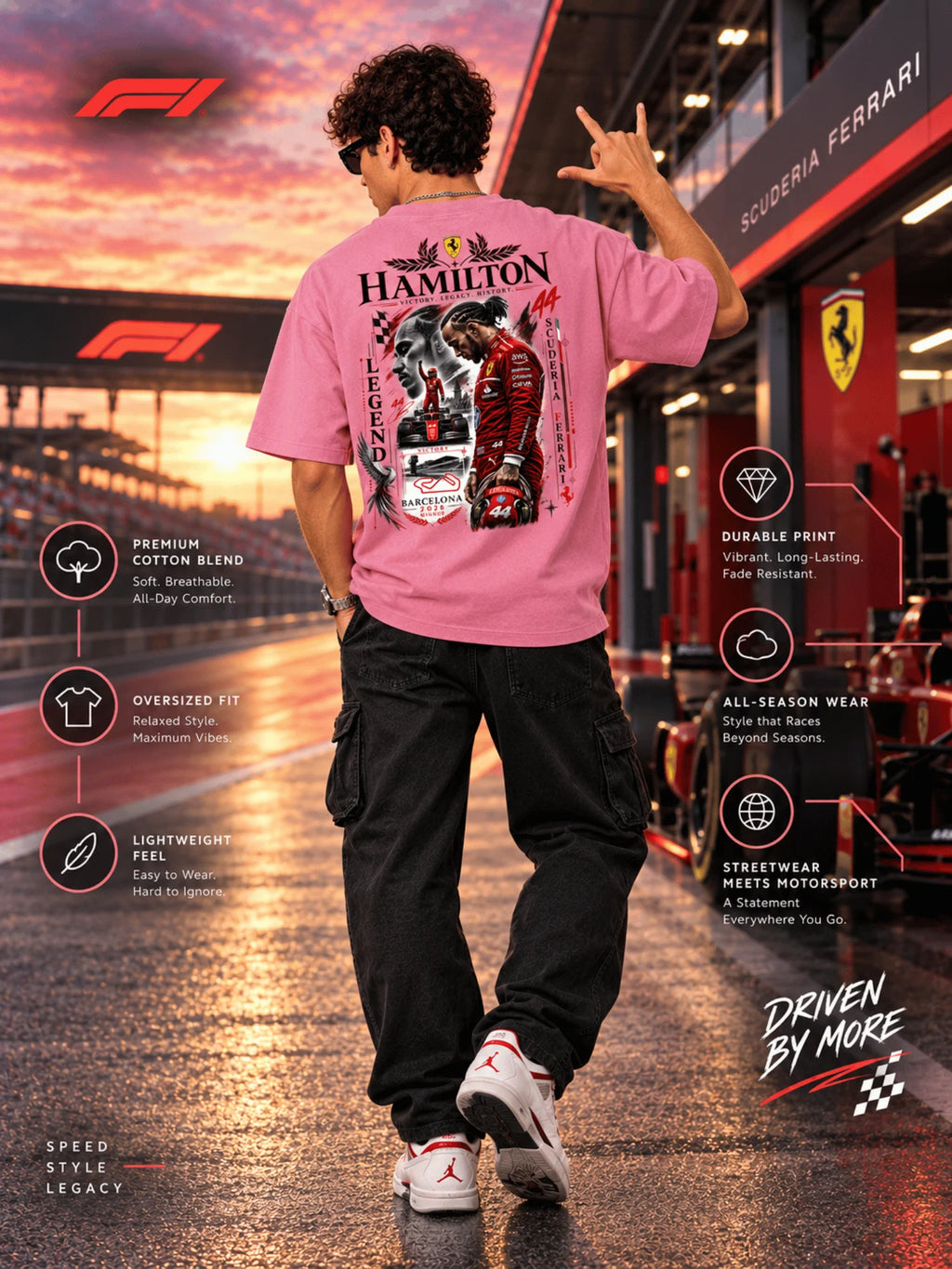 Excello Men's Hamilton Legend Racing Graphic Oversized T-Shirt | Rose Pink
