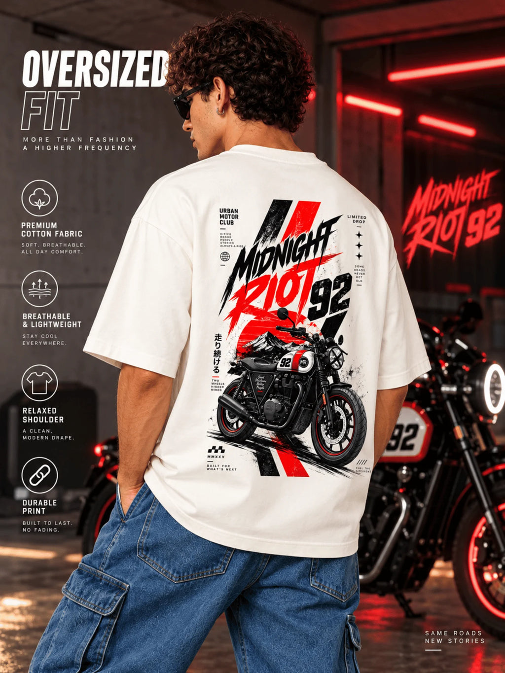 Excello Men's 'Midnight Riot 92' Motorcycle Graphic Oversized T-Shirt | Off White