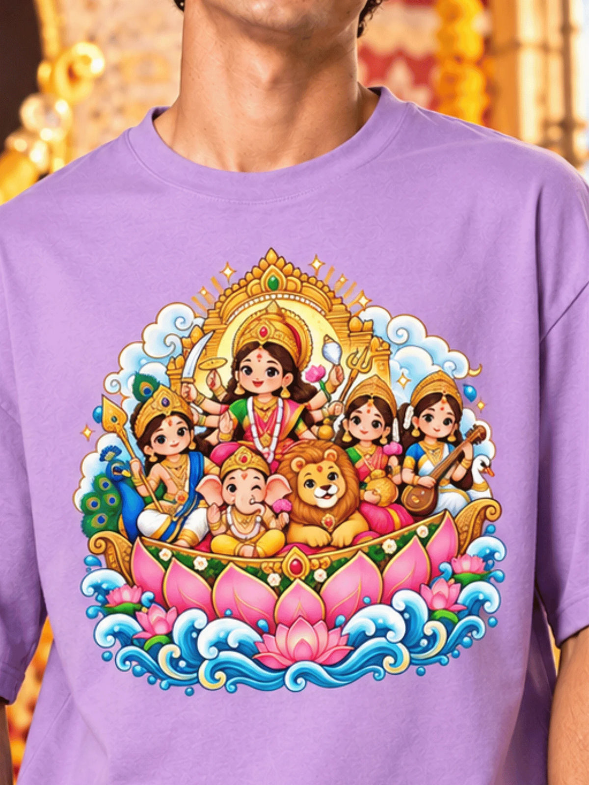 Excello Men's Divine Durga Family Graphic Oversized T-Shirt | Lavender