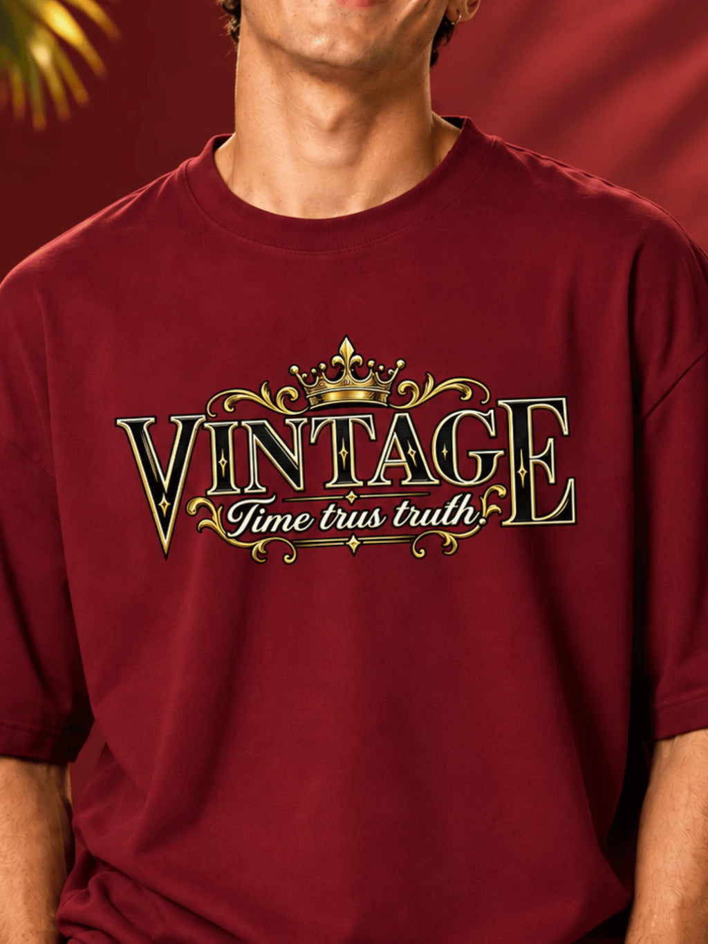 Excello Men's Vintage Crown Graphic Oversized T-Shirt | Maroon