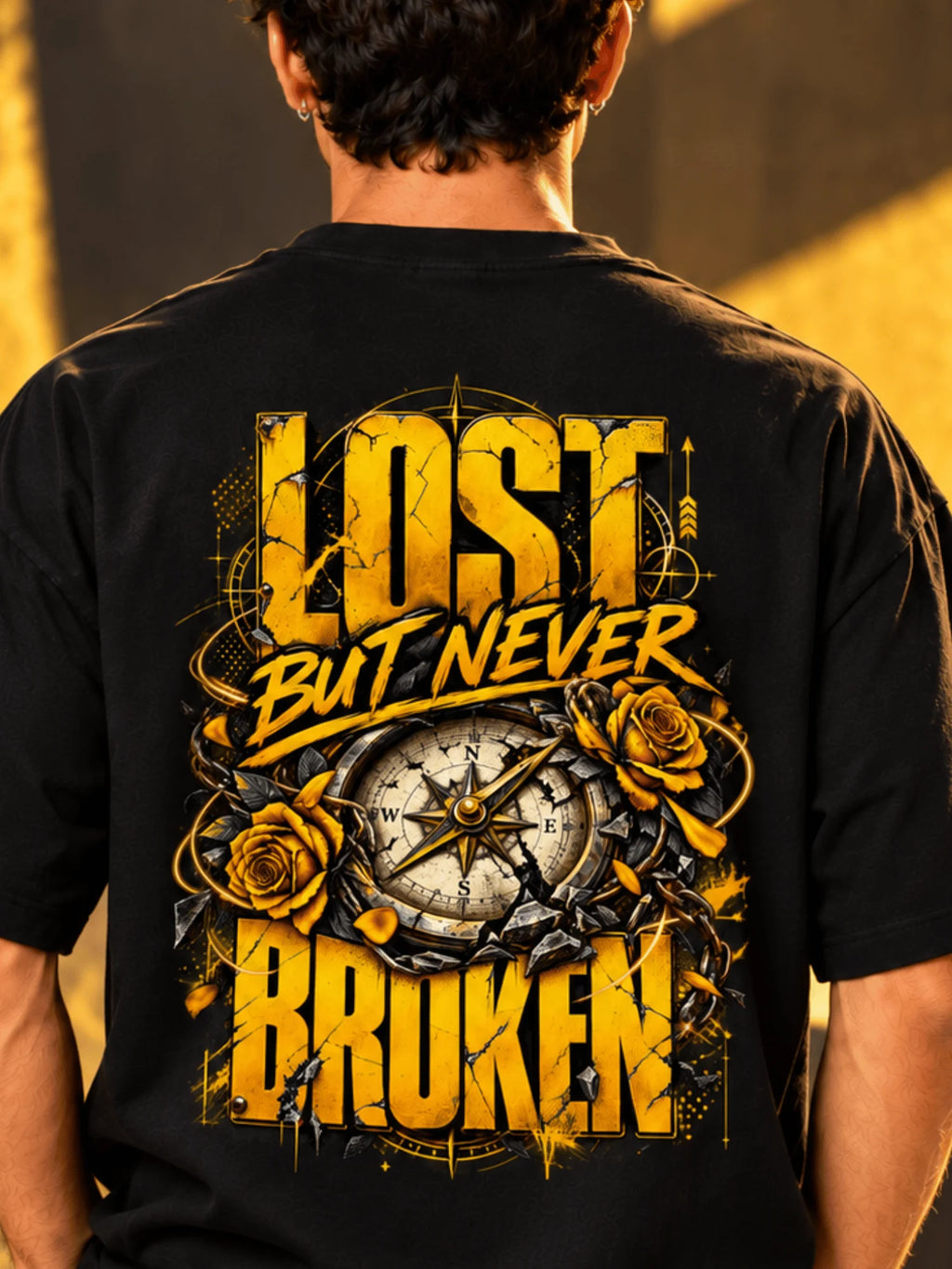 Excello Men's 'Lost But Never Broken' Compass Graphic Oversized T-Shirt | Black