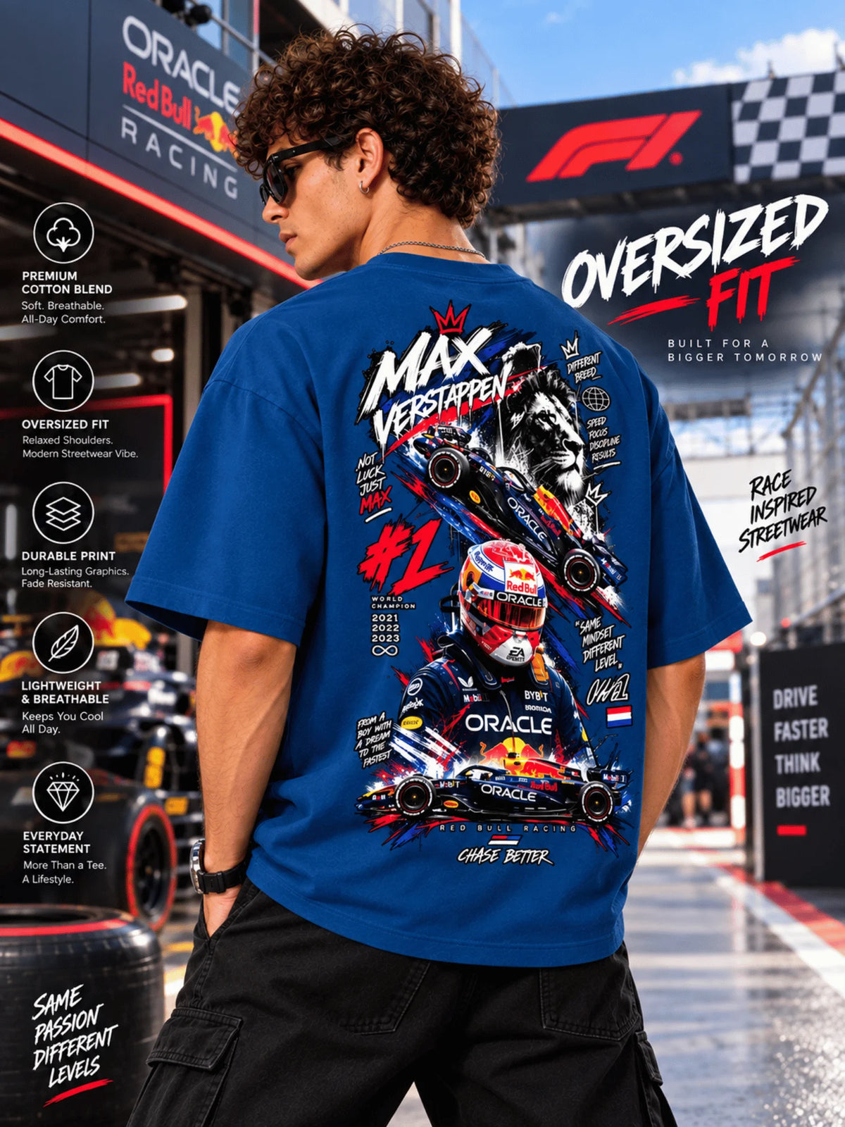 Excello Men's Max Verstappen Racing Graphic Oversized T-Shirt | Air Force Blue