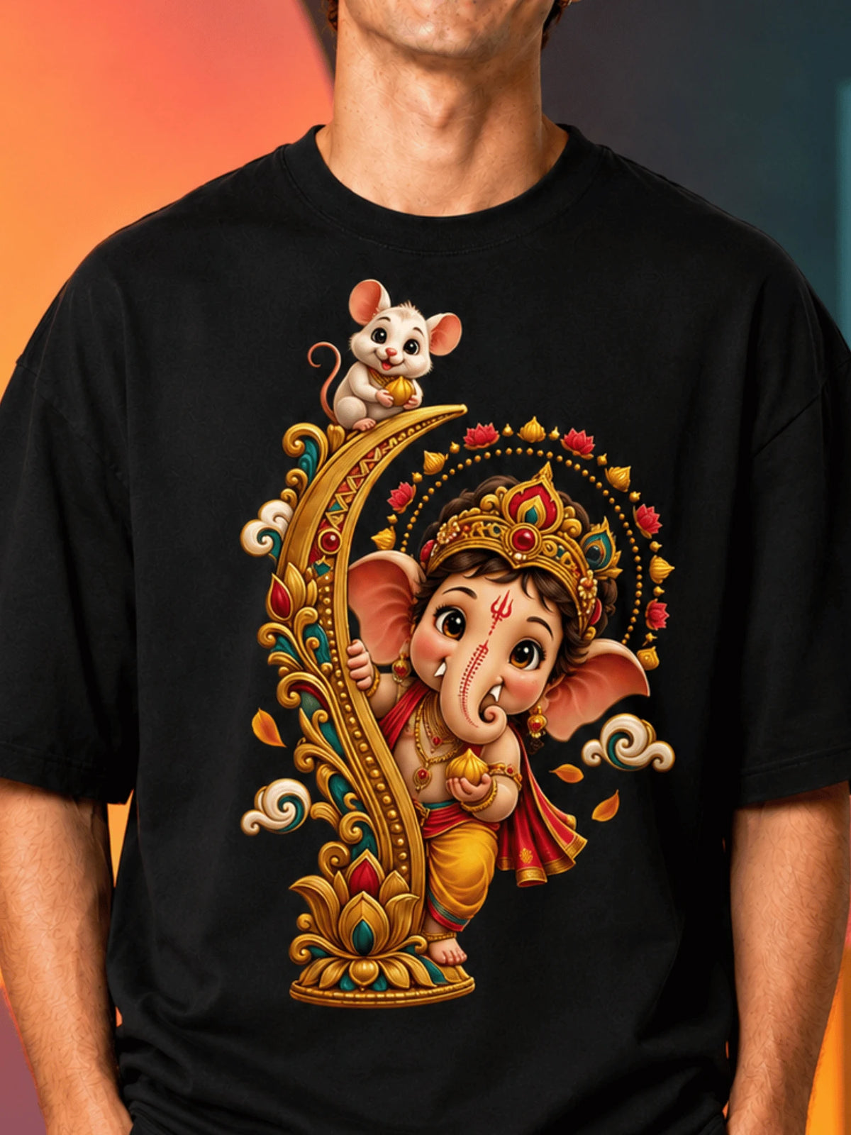 Excello Men's Playful Bal Ganesha & Mushak Graphic Oversized T-Shirt - 240 GSM Pure Cotton, Bio-Washed-Black