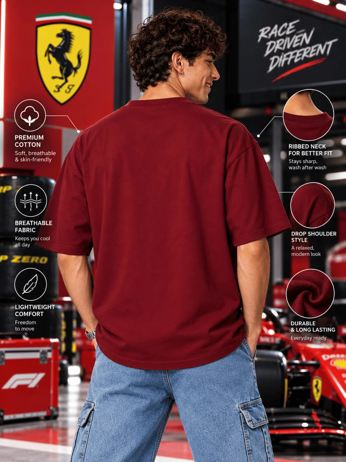 Excello Men's Lewis Hamilton 44 Scuderia Ferrari Graphic Oversized T-Shirt | Maroon