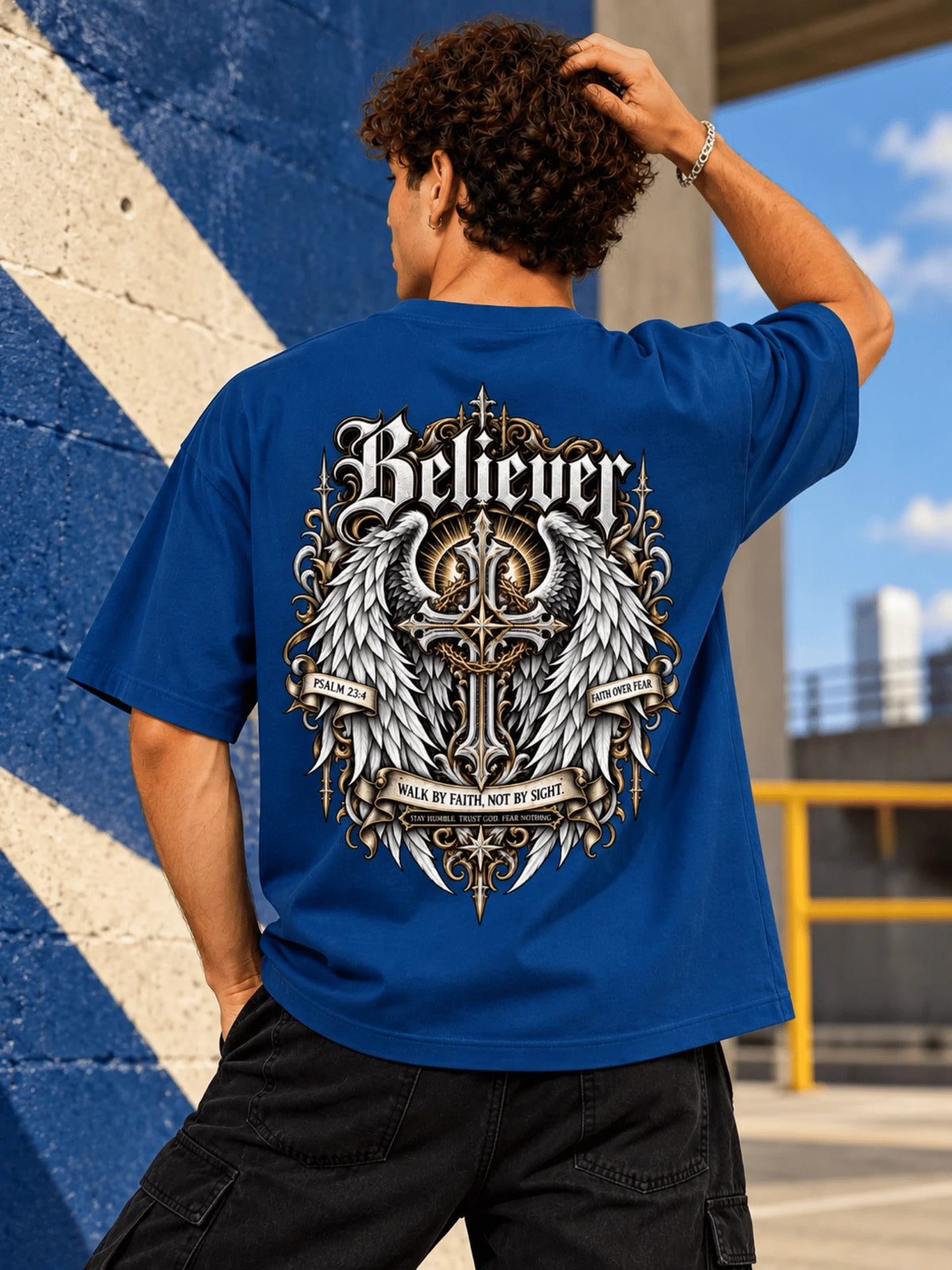 Excello Men's 'Believer' Cross & Wings Graphic Oversized T-Shirt | Air Force Blue