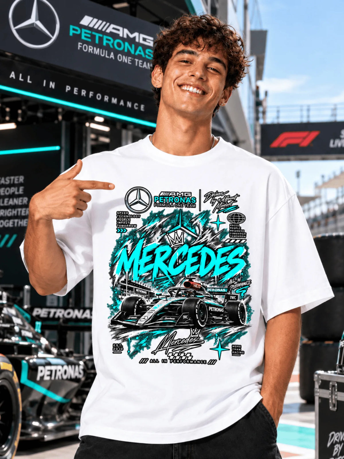 Excello Men's Mercedes-AMG Petronas F1 Graphic Oversized T-Shirt | white