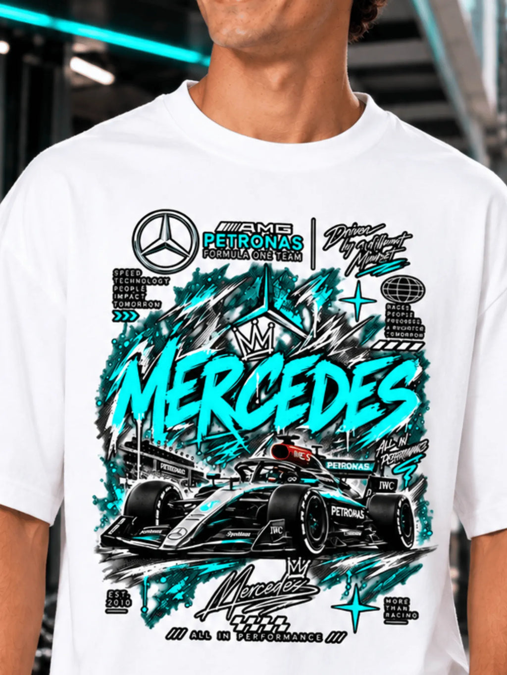 Excello Men's Mercedes-AMG Petronas F1 Graphic Oversized T-Shirt | white