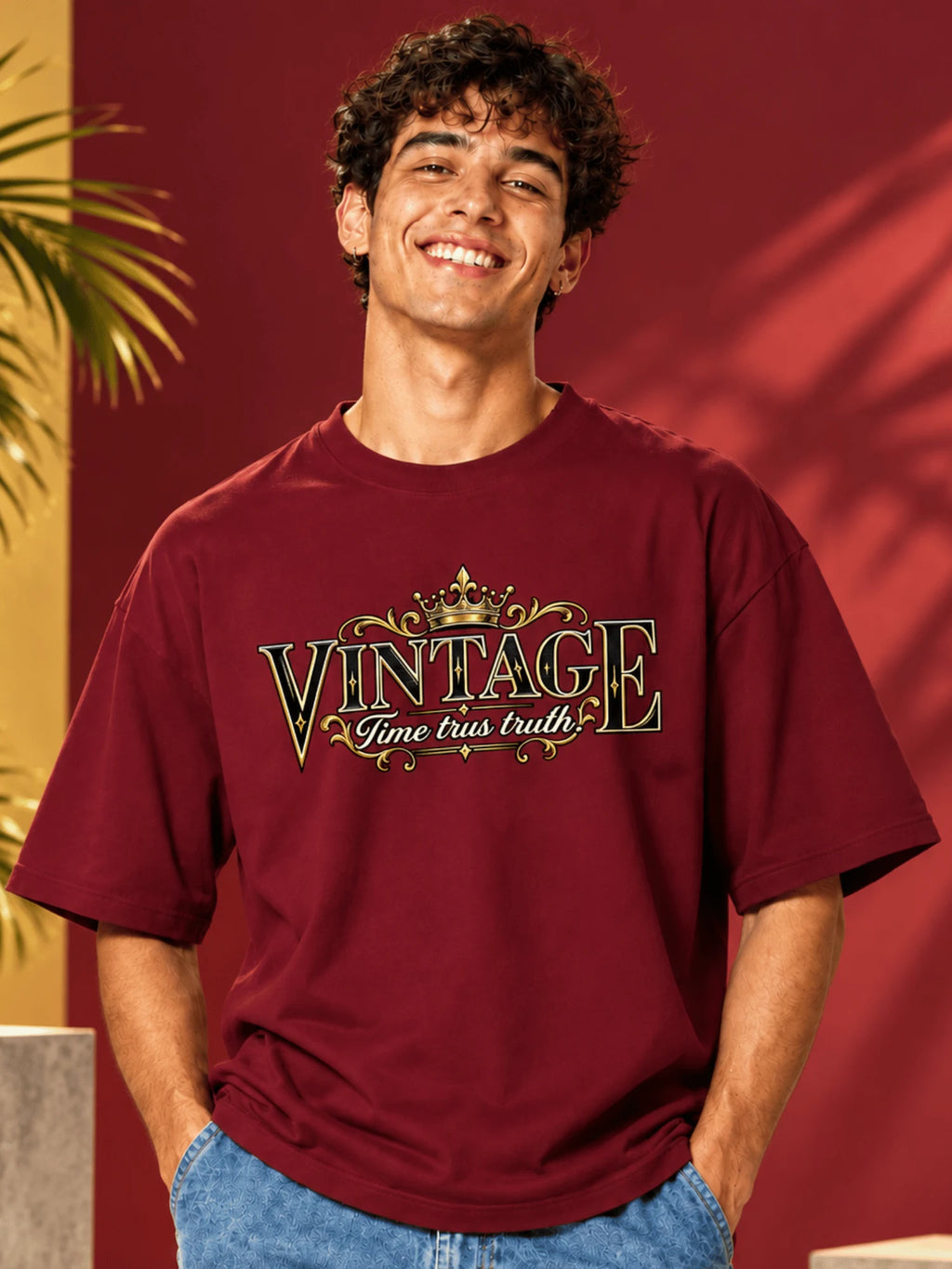 Excello Men's Vintage Crown Graphic Oversized T-Shirt | Maroon