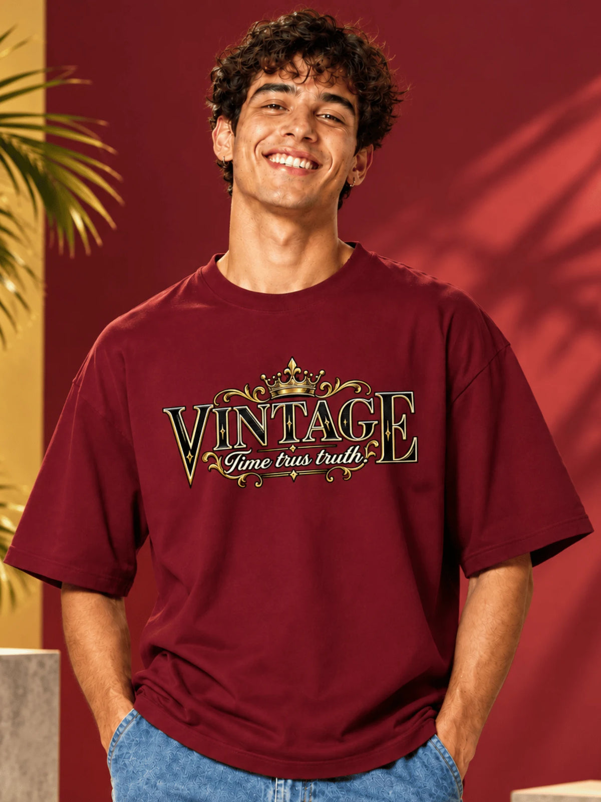 Excello Men's Vintage Crown Graphic Oversized T-Shirt | Maroon