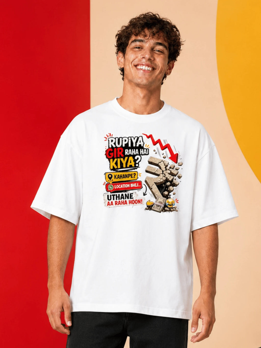 Excello Men's 'Rupiya Gir Raha Hai' Humorous Graphic Oversized T-Shirt| White