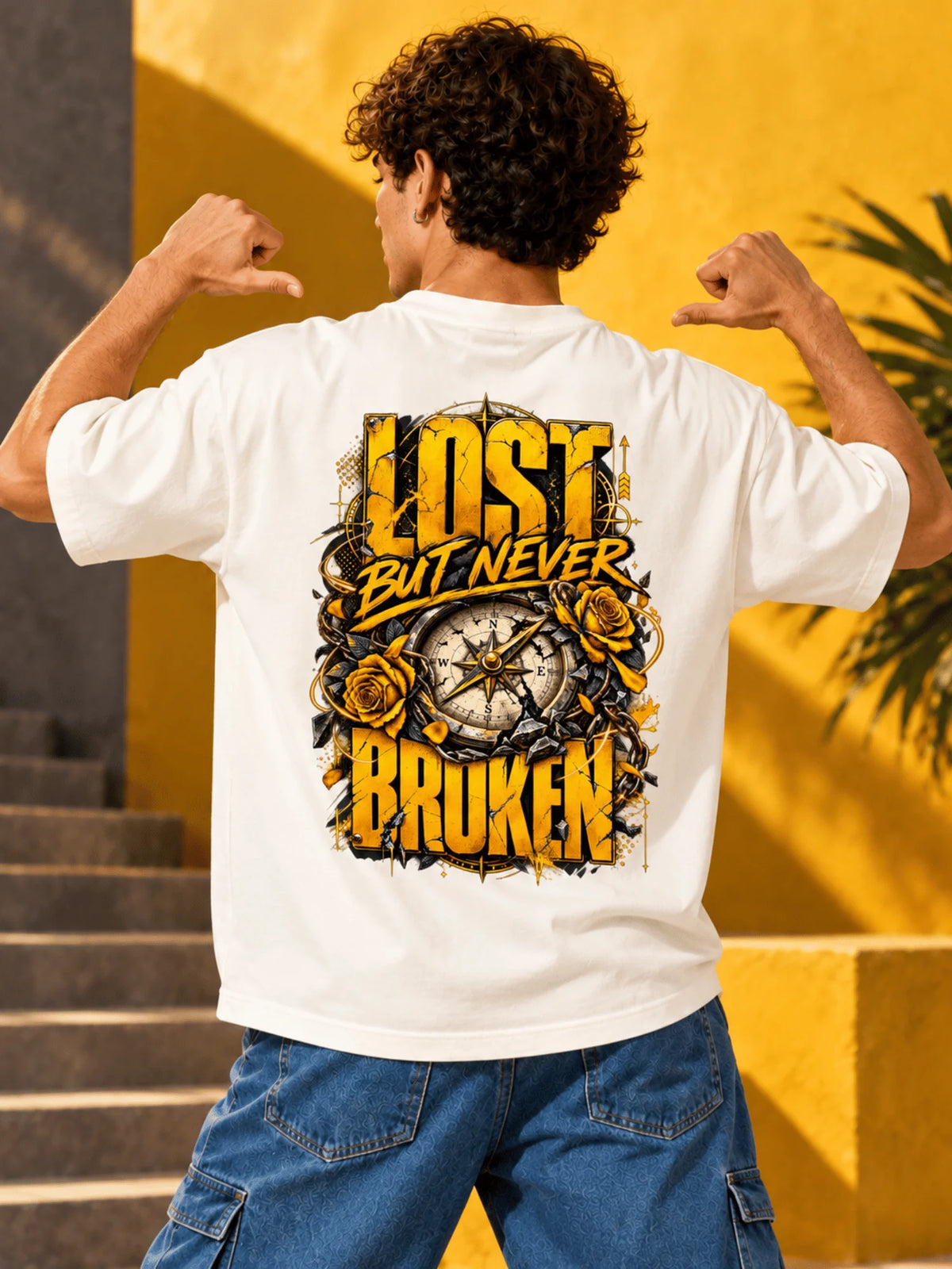 Excello Men's 'Lost But Never Broken' Compass Graphic Oversized T-Shirt | Off White