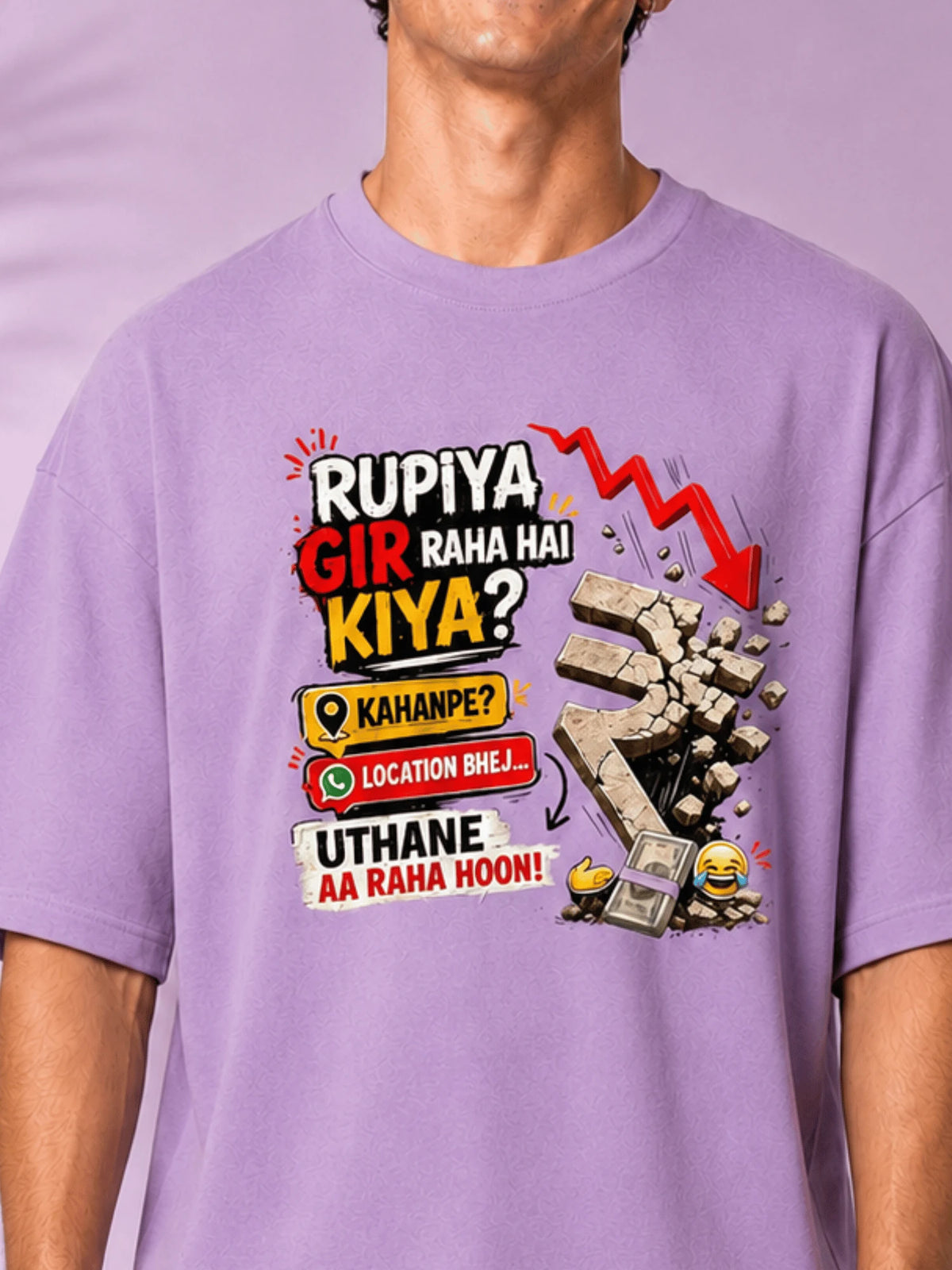 Excello Men's 'Rupiya Gir Raha Hai' Humorous Graphic Oversized T-Shirt| Rose Pink