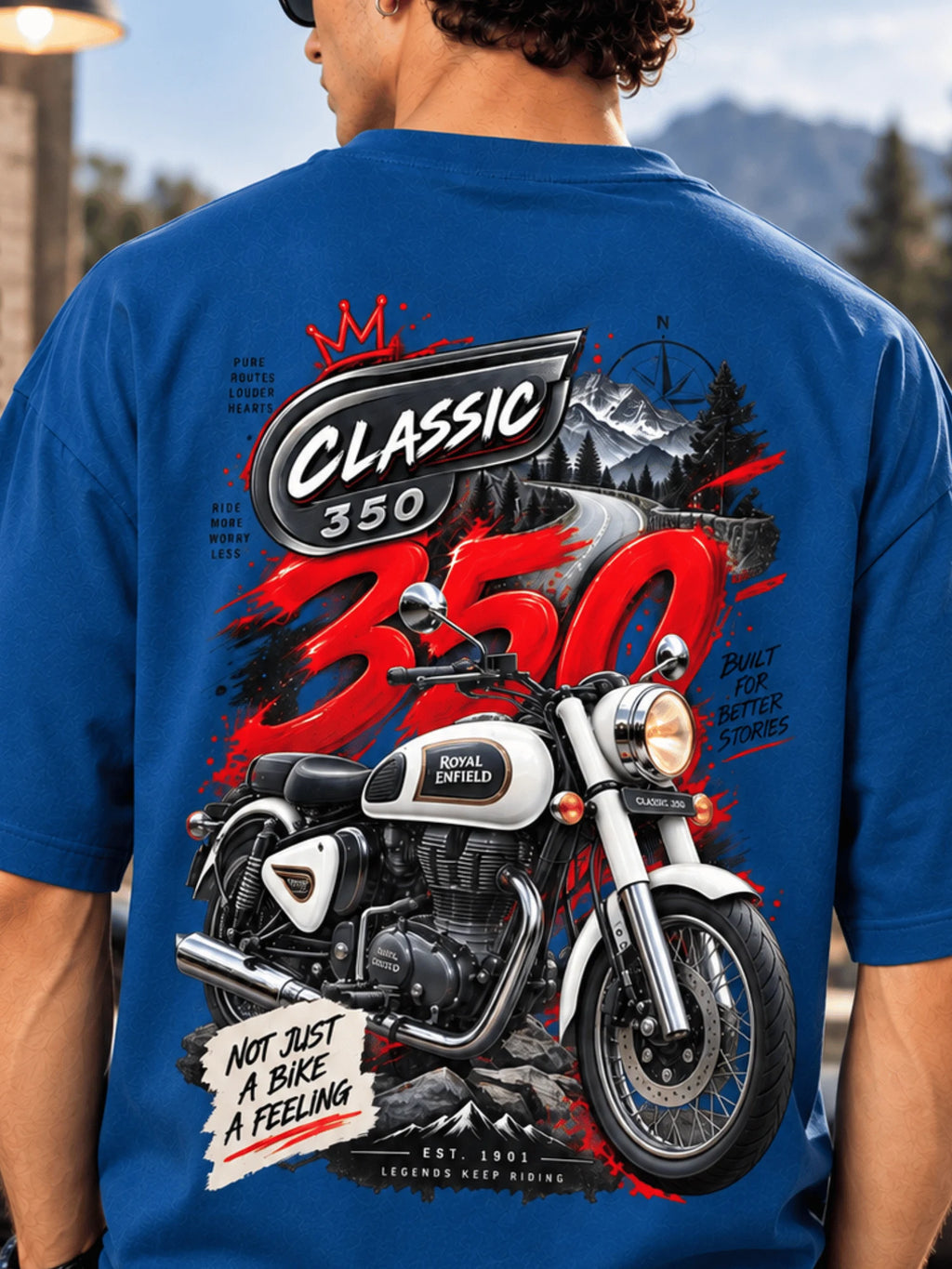 Excello Men's Royal Enfield Classic 350 Graphic Oversized T-Shirt | Air Force Blue