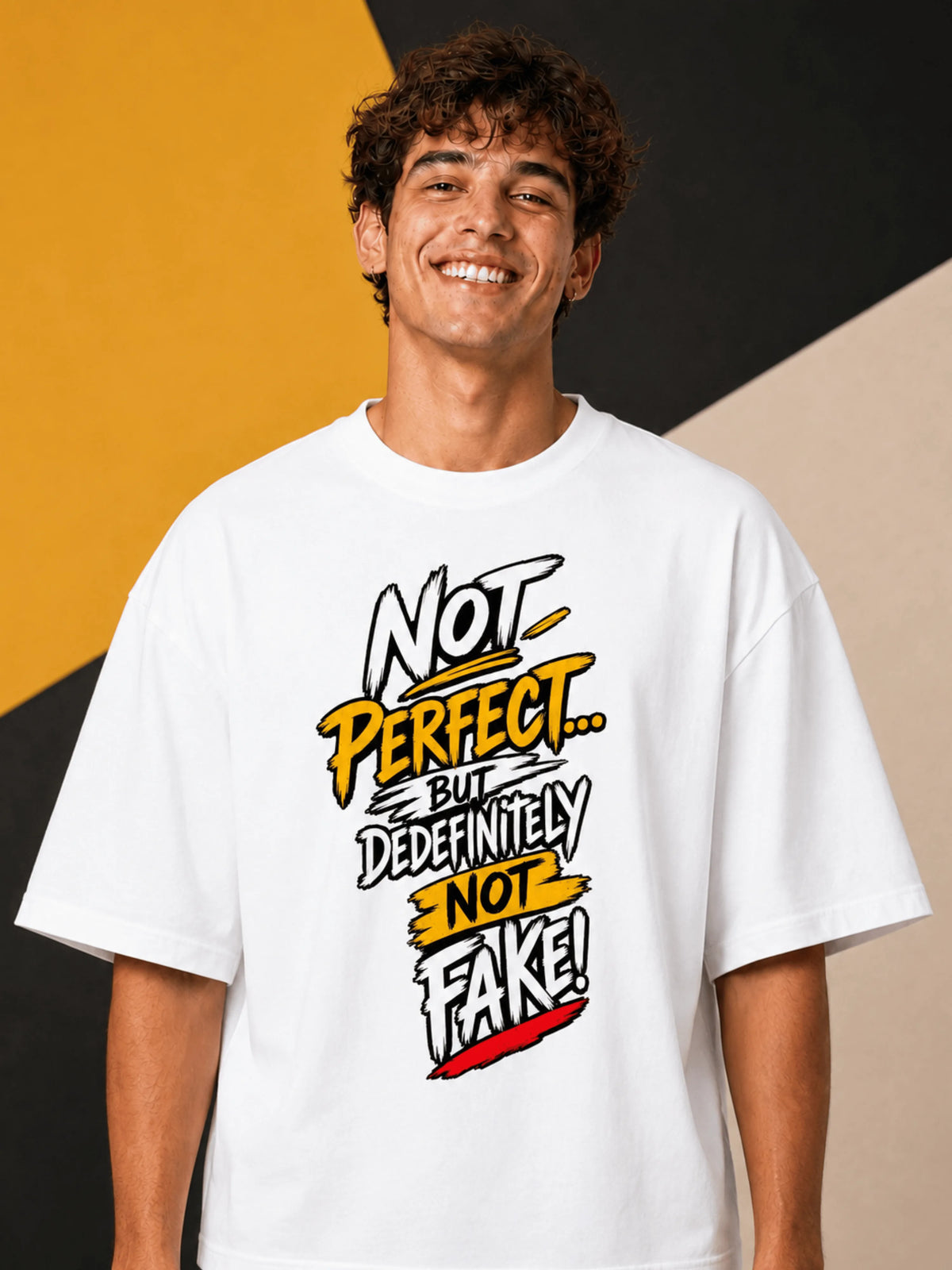 Excello Men's 'Not Perfect Not Fake' Graphic Oversized T-Shirt | White