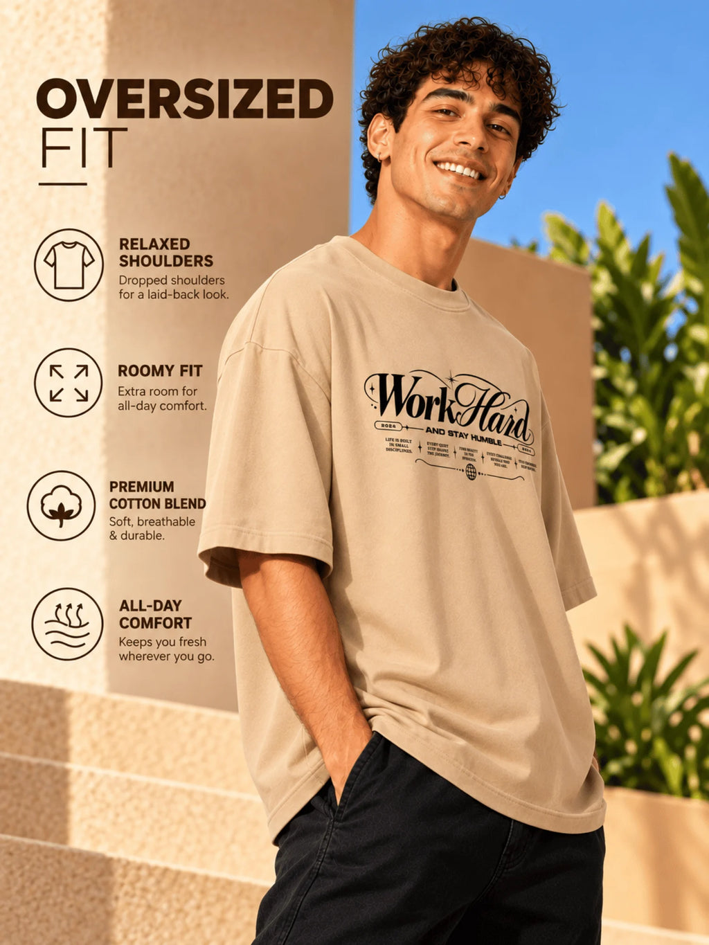 Excello Men's 'Work Hard' Motivational Typography Oversized T-Shirt |  Beige
