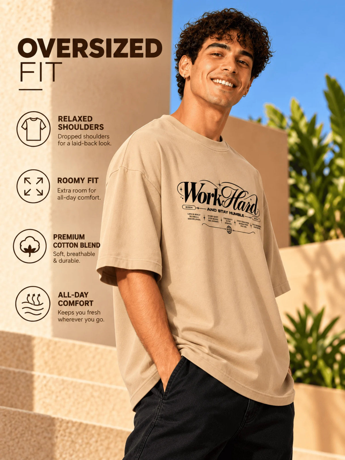 Excello Men's 'Work Hard' Motivational Typography Oversized T-Shirt |  Beige