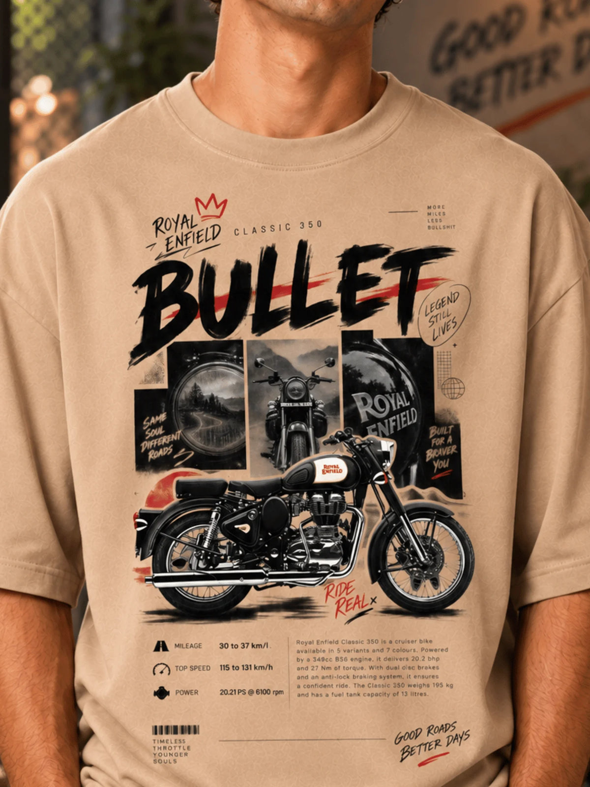 Excello Men's Royal Enfield Bullet 350 Graphic Oversized T-Shirt | Beige