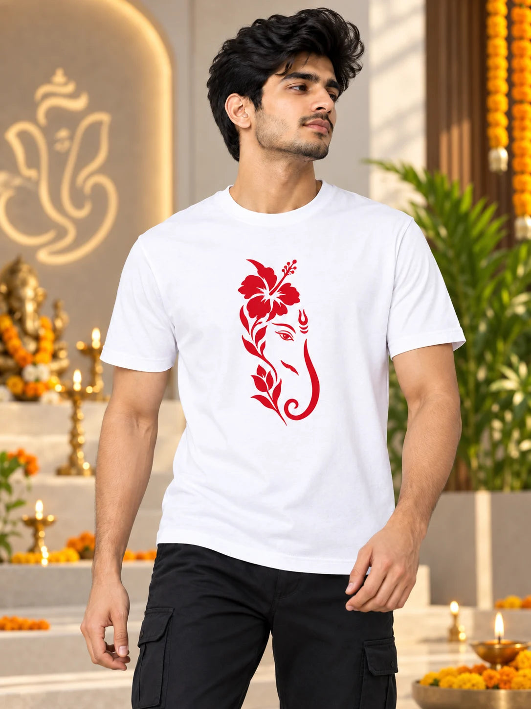 Men's Premium Pure Cotton Ganesha Graphic T-Shirt | 180 GSM Bio-Washed Regular Fit-White