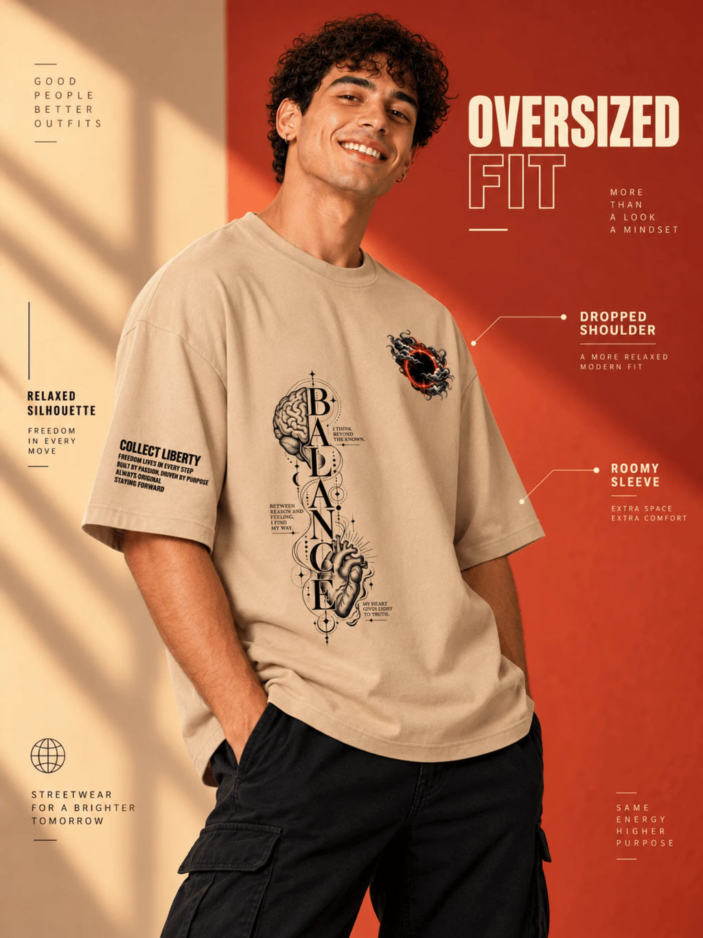 Excello Men's 'Balance' Brain & Heart Graphic Oversized T-Shirt | Beige