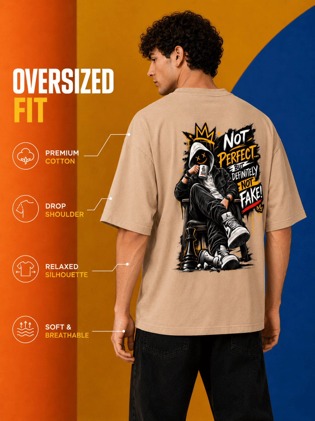 Excello Men's 'Not Perfect Not Fake' Graphic Oversized T-Shirt | Beige