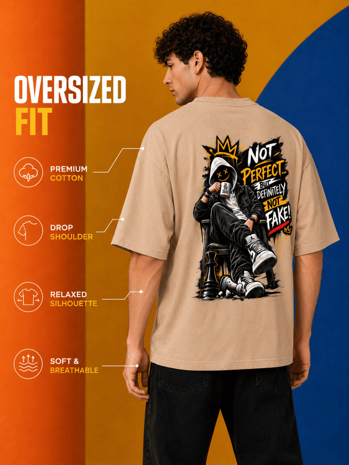 Excello Men's 'Not Perfect Not Fake' Graphic Oversized T-Shirt | Beige