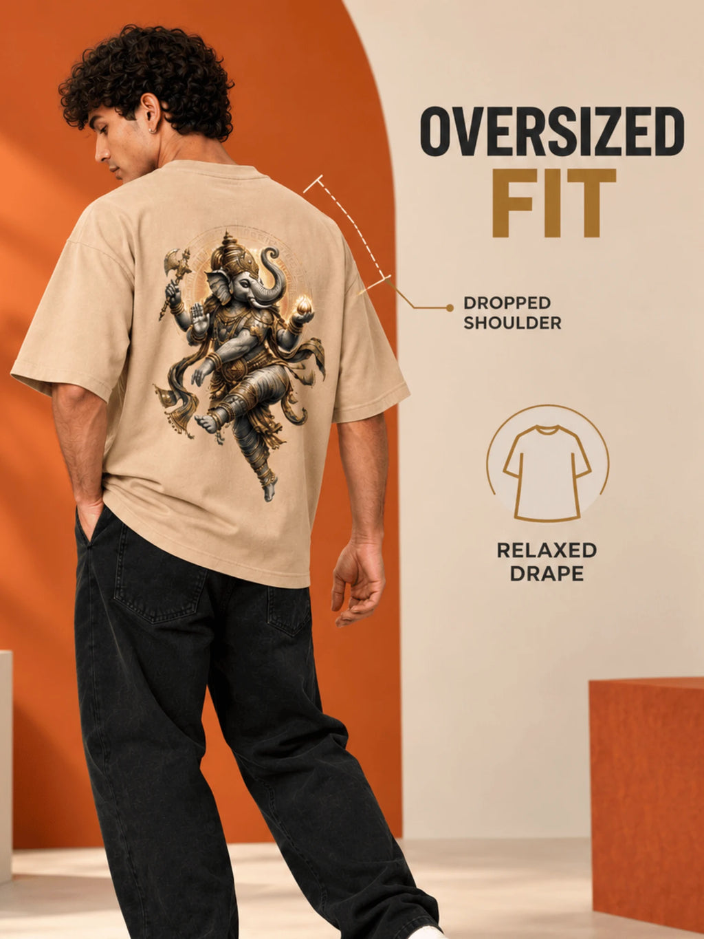 Excello Men's Dynamic Dancing Ganesha Graphic Oversized T-Shirt - 240 GSM Pure Cotton, Bio-Washed | Beige