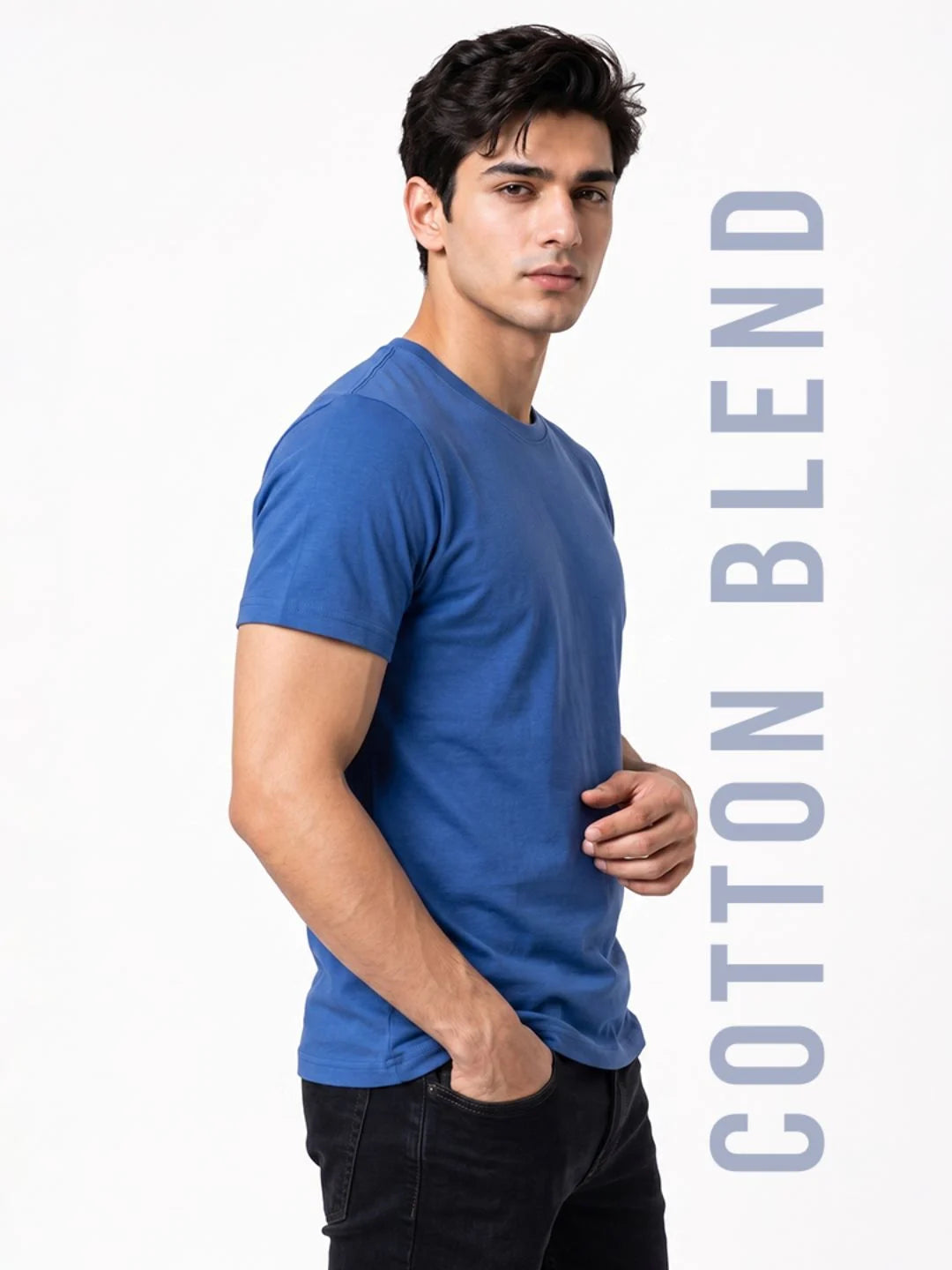 Excello Men's Cotton Blend Bio-Wash Plain  Regular Fit Round Neck T-Shirt  | Grey & Royal