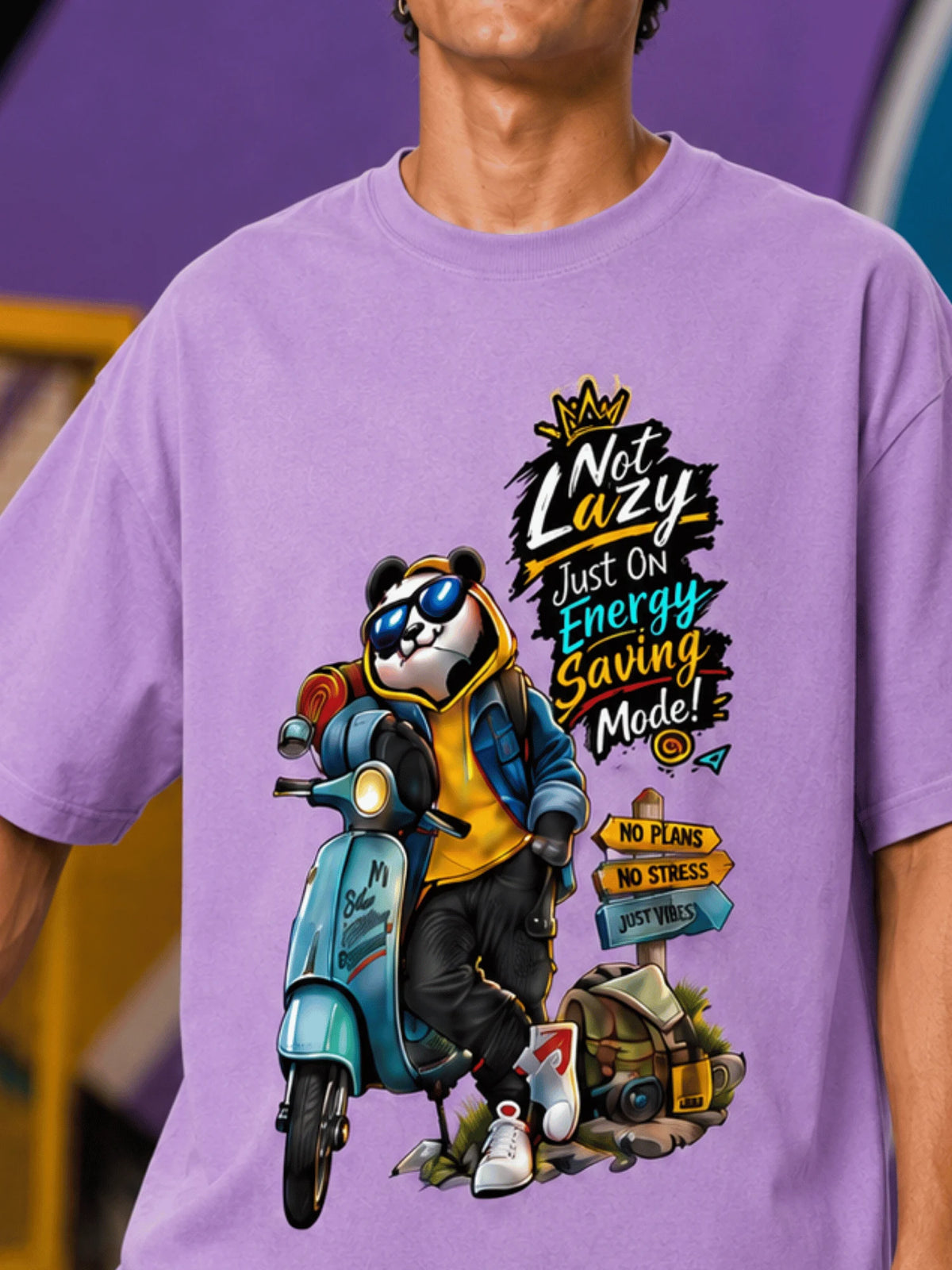 Excello Men's 'Not Lazy' Panda Graphic Oversized T-Shirt | Lavender