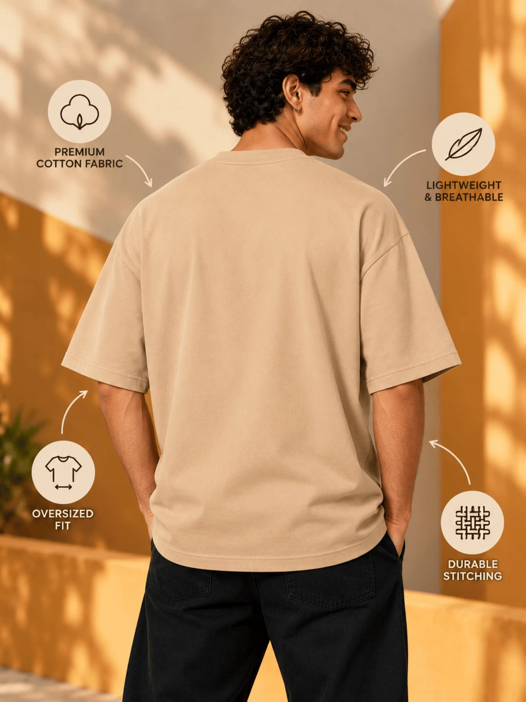 Excello Men's 'Actually You Can' Typography Oversized T-Shirt | Beige